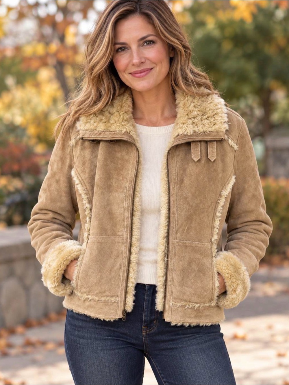 Wool-Trim Suede Jacket in Tan
